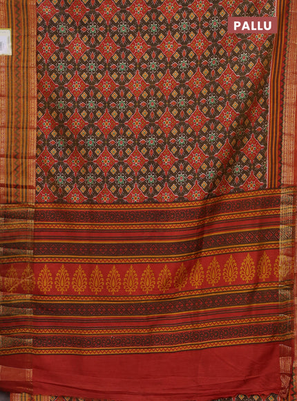 Semi tussar saree brown and red shade with allover ikat prints and zari woven border