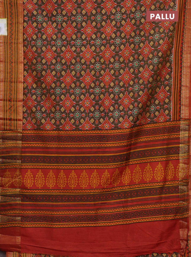 Semi tussar saree brown and red shade with allover ikat prints and zari woven border