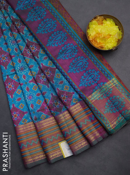 Semi tussar saree cs blue and purple with allover ikat prints and zari woven border