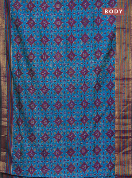 Semi tussar saree cs blue and purple with allover ikat prints and zari woven border