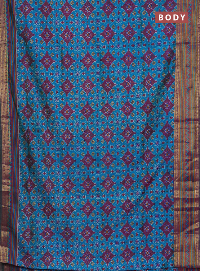 Semi tussar saree cs blue and purple with allover ikat prints and zari woven border