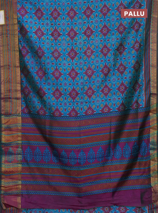 Semi tussar saree cs blue and purple with allover ikat prints and zari woven border