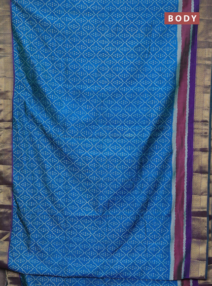 Semi tussar saree cs blue and violet with allover ikat prints and zari woven border