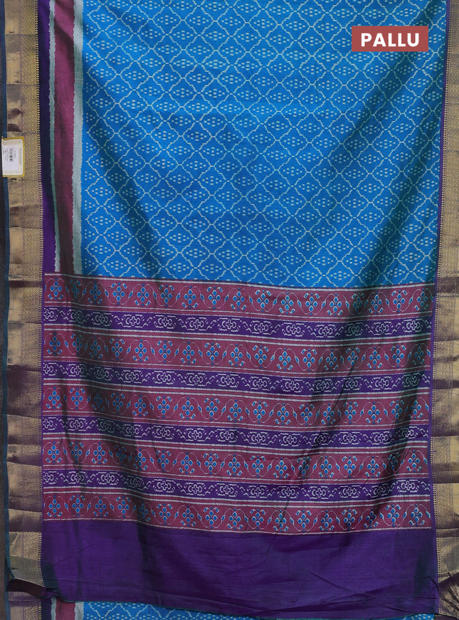 Semi tussar saree cs blue and violet with allover ikat prints and zari woven border
