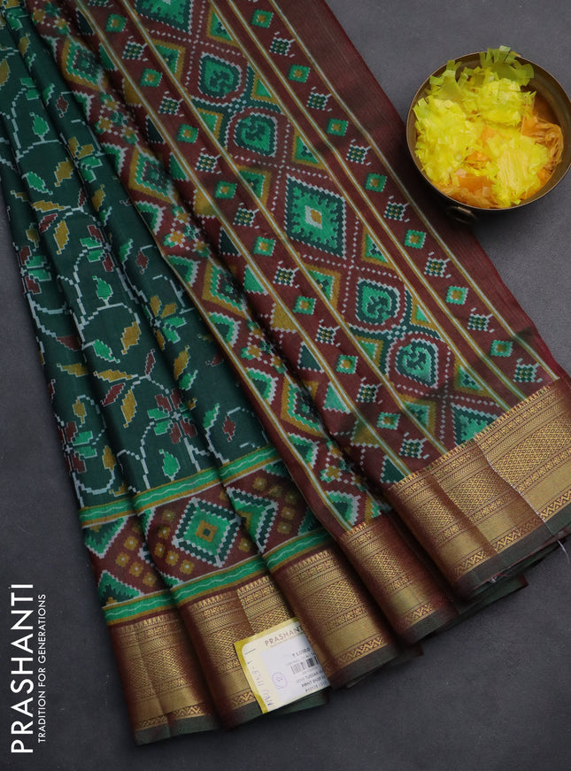 Semi tussar saree green and deep maroon with allover ikat prints and zari woven border