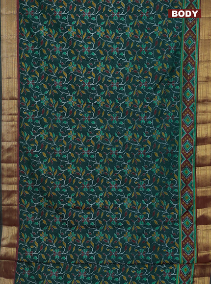 Semi tussar saree green and deep maroon with allover ikat prints and zari woven border
