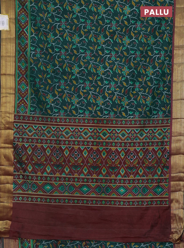 Semi tussar saree green and deep maroon with allover ikat prints and zari woven border
