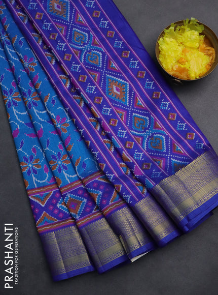 Semi tussar saree cs blue and blue with allover ikat prints and zari woven border
