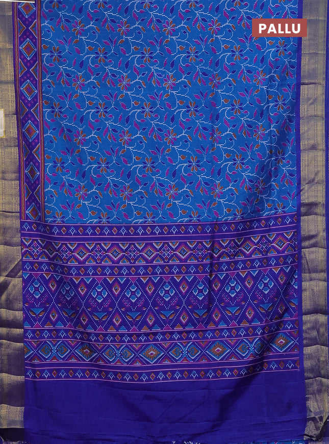 Semi tussar saree cs blue and blue with allover ikat prints and zari woven border