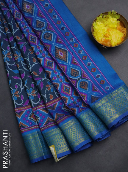 Semi tussar saree dual shade of bluish green and cs blue with allover ikat prints and zari woven border