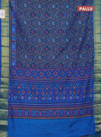 Semi tussar saree peacock blue with allover ikat prints and zari woven border