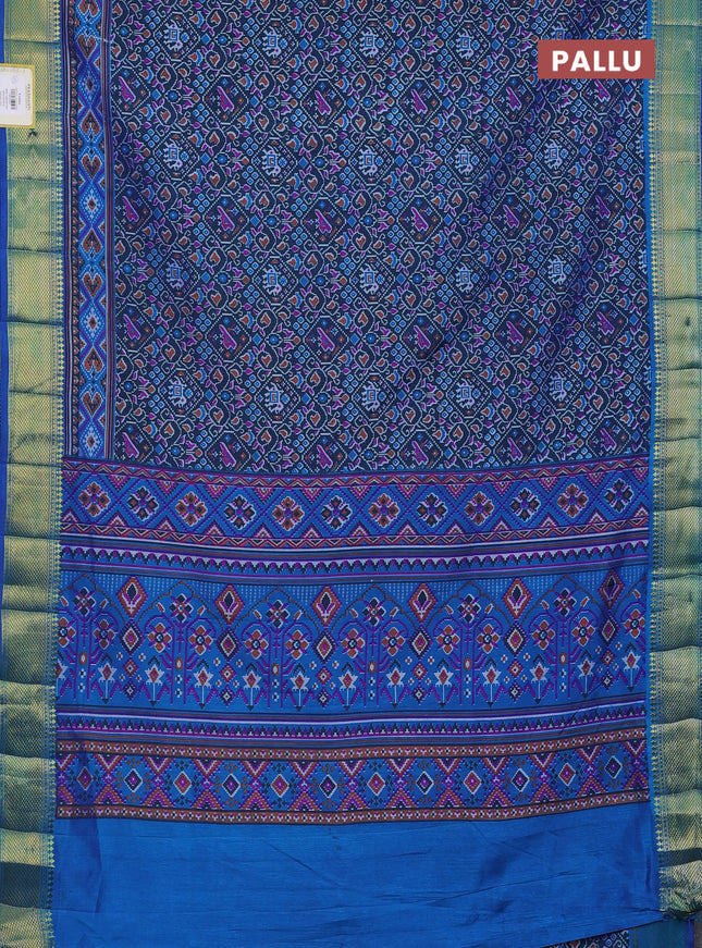 Semi tussar saree peacock blue with allover ikat prints and zari woven border