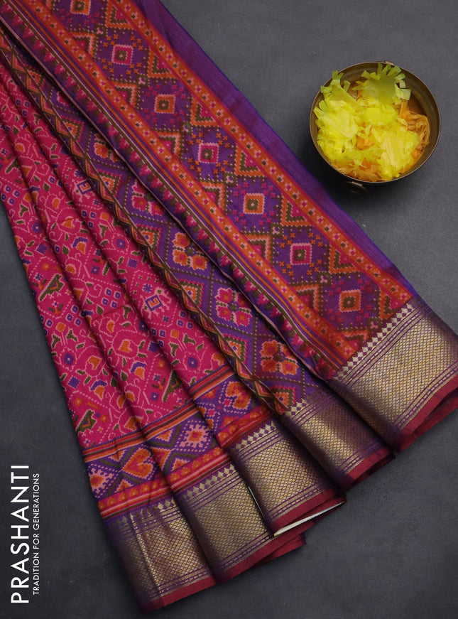 Semi tussar saree pink and dual shade of maroon with allover ikat prints and zari woven border
