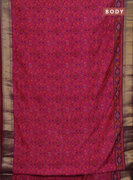 Semi tussar saree pink and dual shade of maroon with allover ikat prints and zari woven border