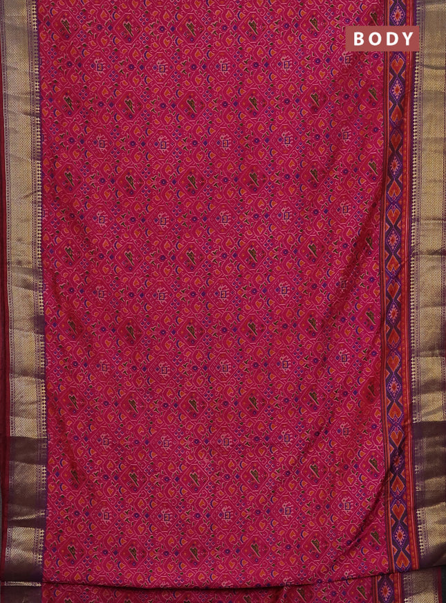 Semi tussar saree pink and dual shade of maroon with allover ikat prints and zari woven border