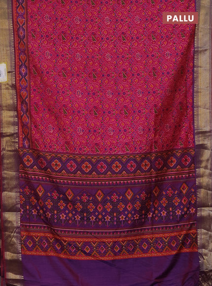Semi tussar saree pink and dual shade of maroon with allover ikat prints and zari woven border
