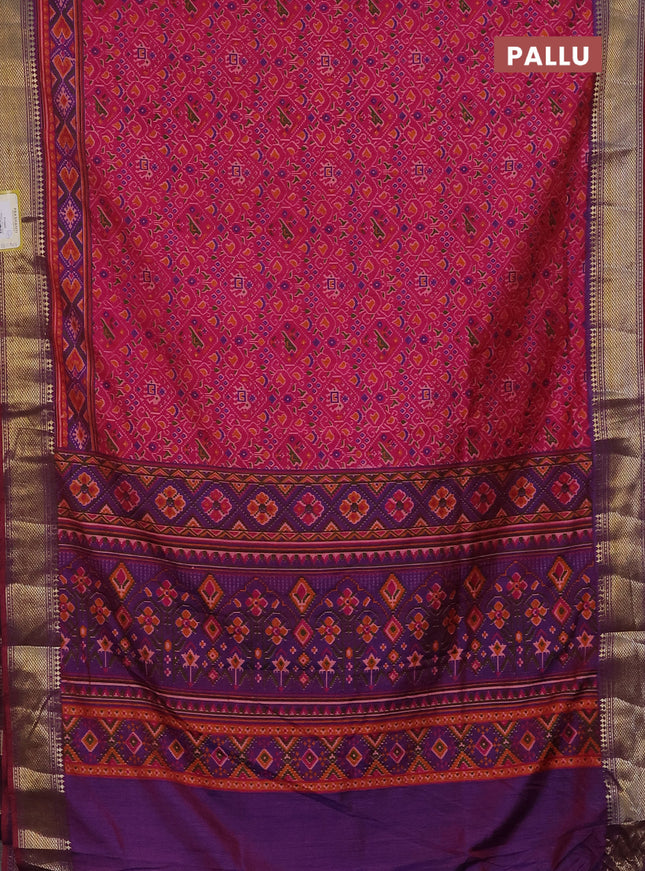 Semi tussar saree pink and dual shade of maroon with allover ikat prints and zari woven border