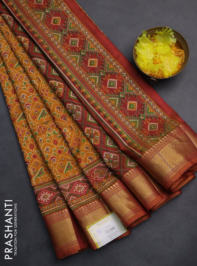 Semi tussar saree mustard yellow and dual shade of pink with allover ikat prints and zari woven border