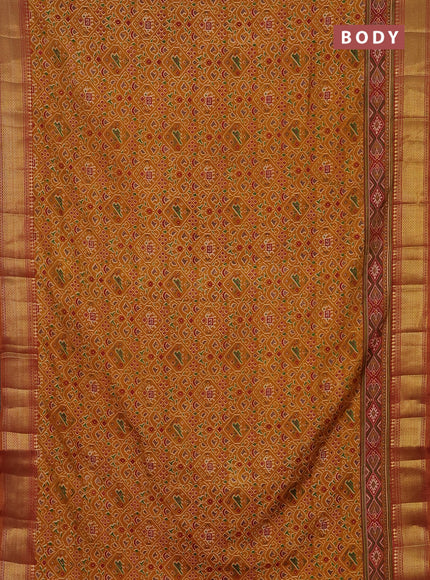 Semi tussar saree mustard yellow and dual shade of pink with allover ikat prints and zari woven border