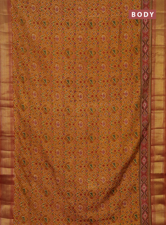 Semi tussar saree mustard yellow and dual shade of pink with allover ikat prints and zari woven border