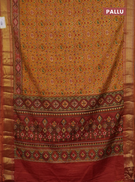 Semi tussar saree mustard yellow and dual shade of pink with allover ikat prints and zari woven border