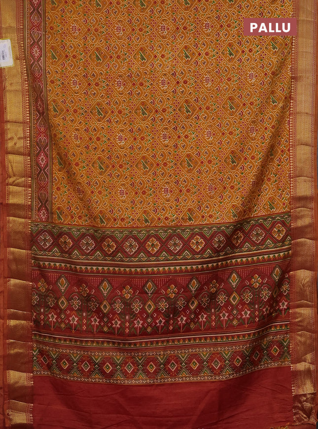 Semi tussar saree mustard yellow and dual shade of pink with allover ikat prints and zari woven border