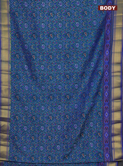 Semi tussar saree green and blue with allover ikat prints and zari woven border