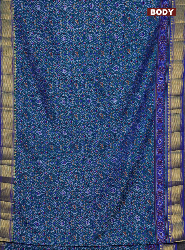 Semi tussar saree green and blue with allover ikat prints and zari woven border