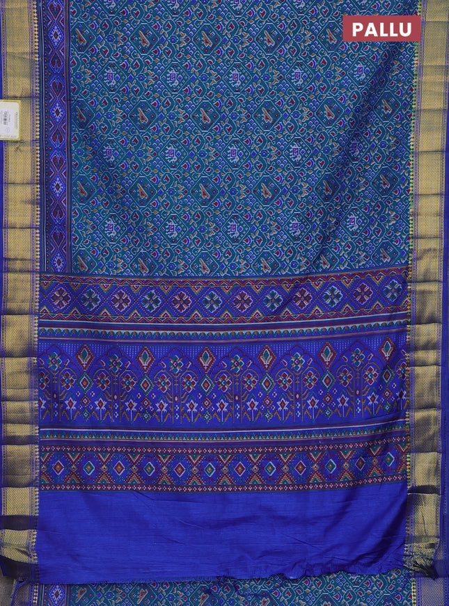 Semi tussar saree green and blue with allover ikat prints and zari woven border