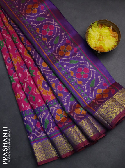 Semi tussar saree pink and blue with allover ikat prints and zari woven border