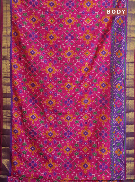Semi tussar saree pink and blue with allover ikat prints and zari woven border