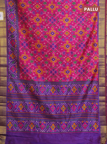 Semi tussar saree pink and blue with allover ikat prints and zari woven border