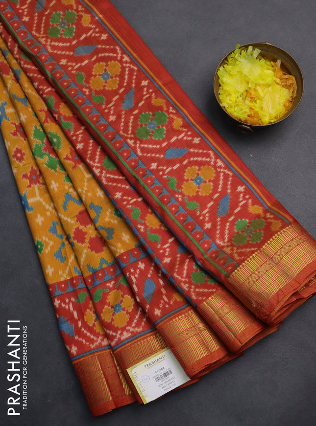 Semi tussar saree mustard yellow and red with allover ikat prints and zari woven border