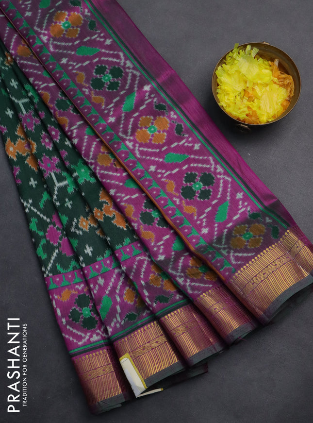 Semi tussar saree dark green and purple with allover ikat prints and zari woven border