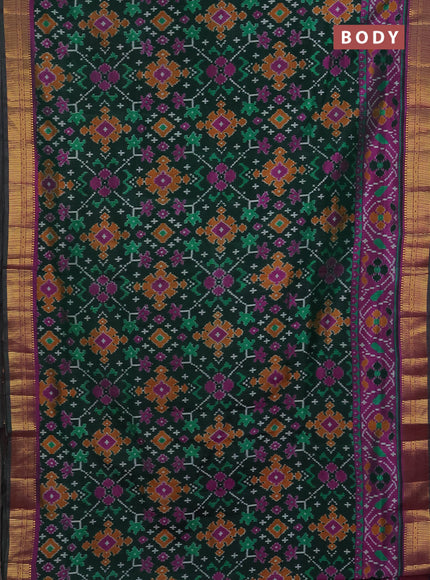 Semi tussar saree dark green and purple with allover ikat prints and zari woven border