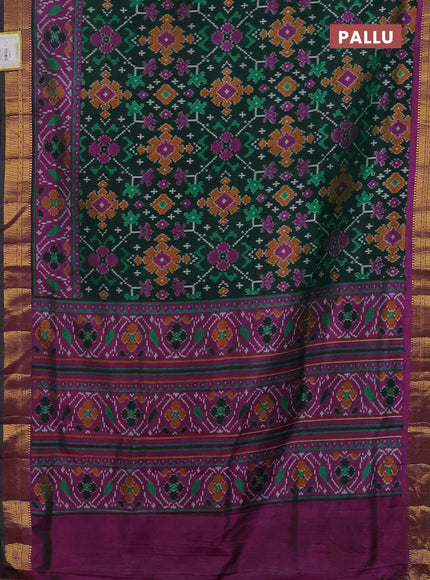 Semi tussar saree dark green and purple with allover ikat prints and zari woven border
