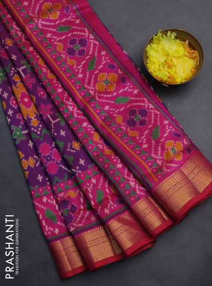 Semi tussar saree purple and pink with allover ikat prints and zari woven border