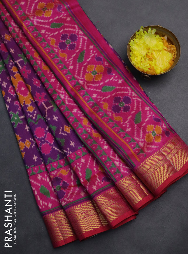 Semi tussar saree purple and pink with allover ikat prints and zari woven border