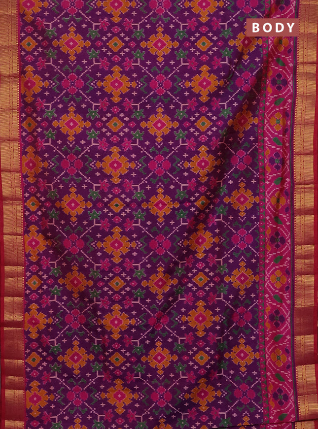 Semi tussar saree purple and pink with allover ikat prints and zari woven border