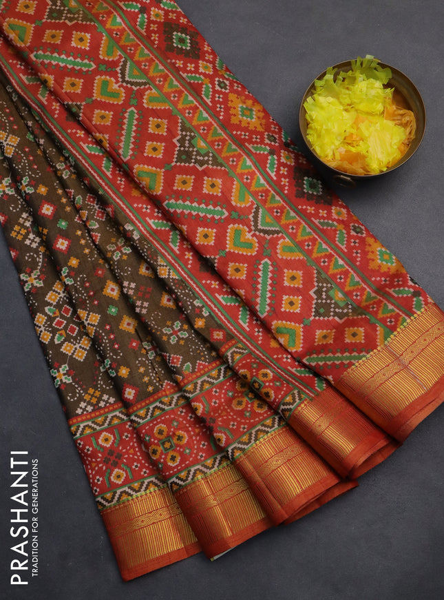Semi tussar saree brown and red with allover ikat prints and zari woven border