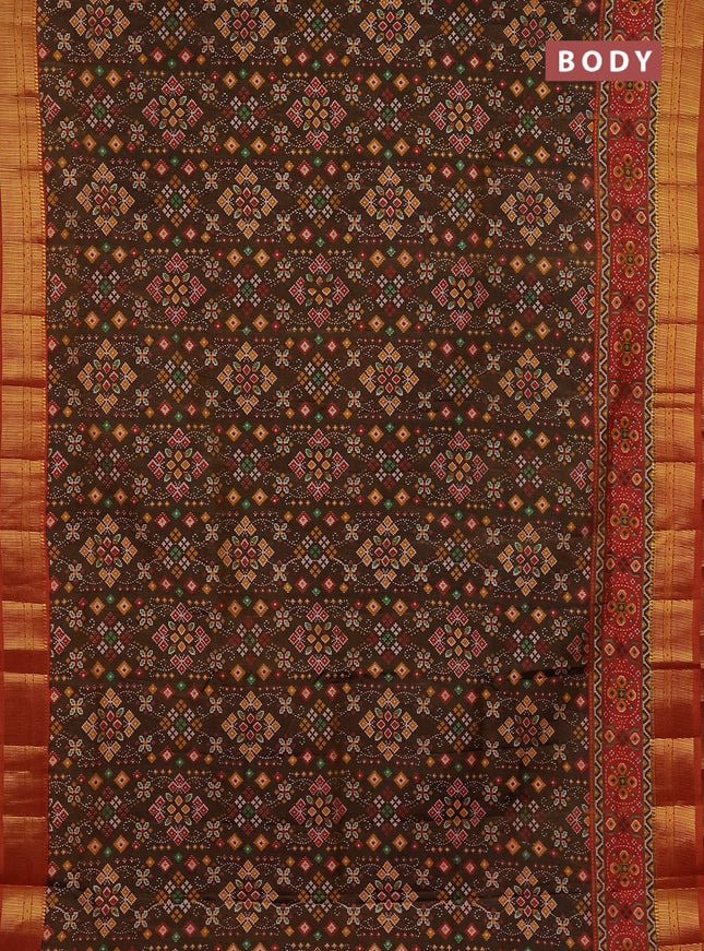 Semi tussar saree brown and red with allover ikat prints and zari woven border