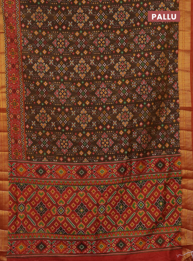 Semi tussar saree brown and red with allover ikat prints and zari woven border