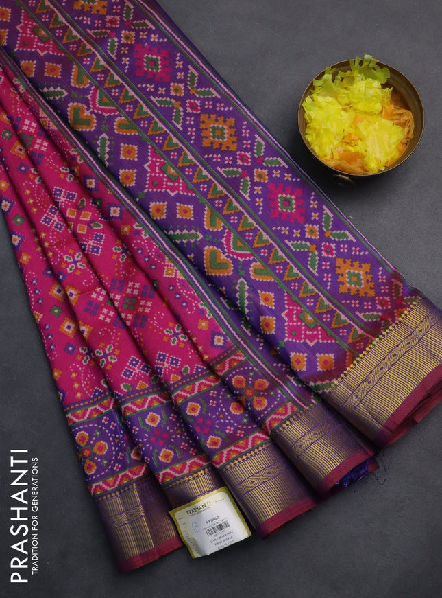 Semi tussar saree pink and violet with allover ikat prints and zari woven border