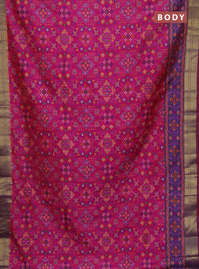 Semi tussar saree pink and violet with allover ikat prints and zari woven border