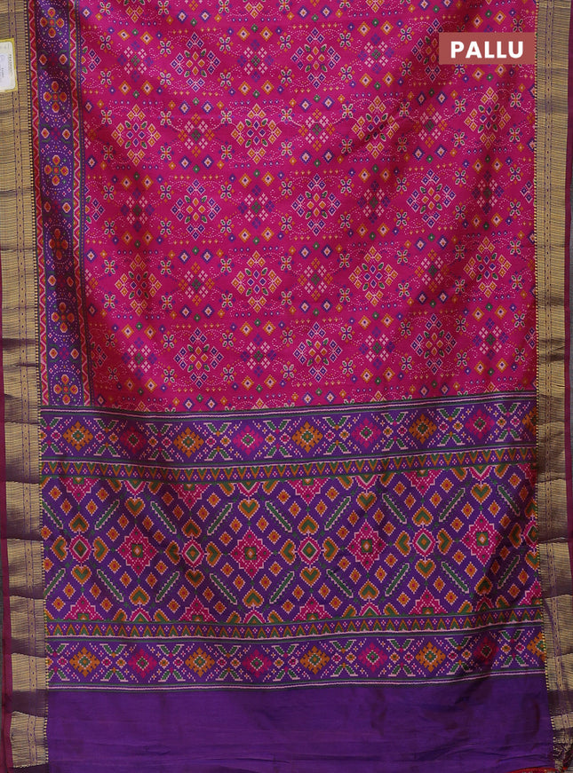 Semi tussar saree pink and violet with allover ikat prints and zari woven border