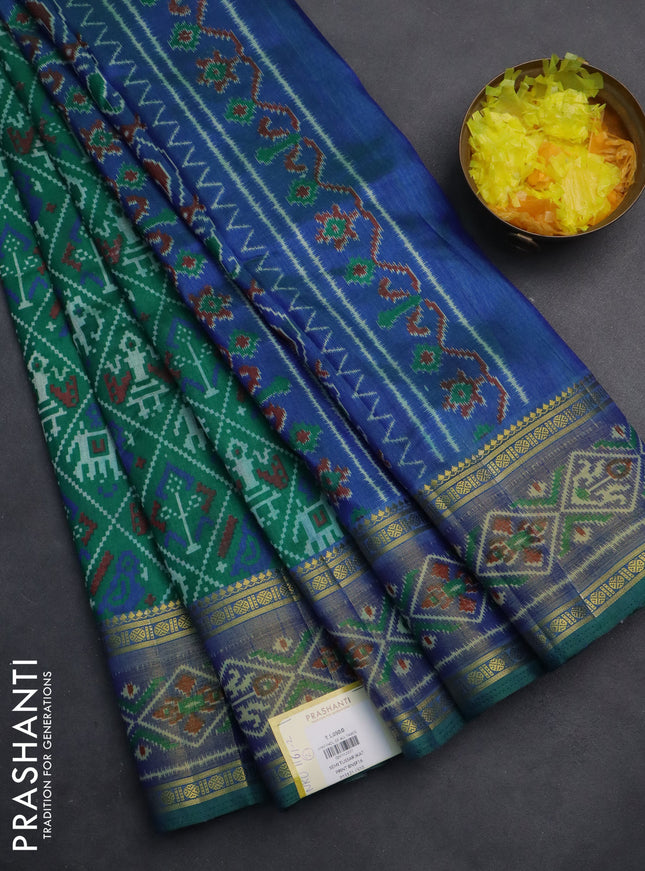 Semi tussar saree green with allover ikat prints and zari woven border