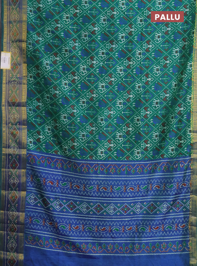 Semi tussar saree green with allover ikat prints and zari woven border