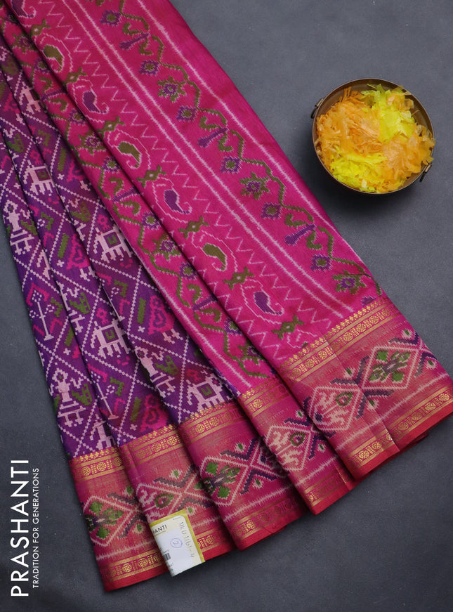 Semi tussar saree purple and pink with allover ikat prints and zari woven border