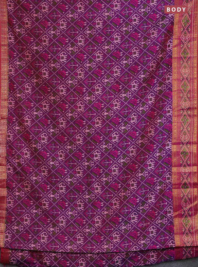 Semi tussar saree purple and pink with allover ikat prints and zari woven border