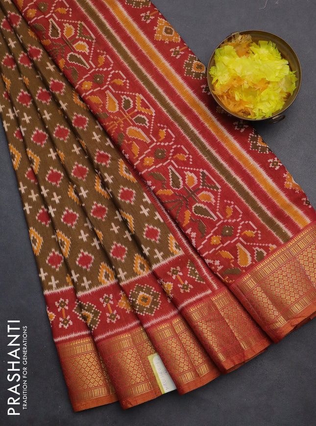 Semi tussar saree brown and maroon with allover ikat prints and zari woven border